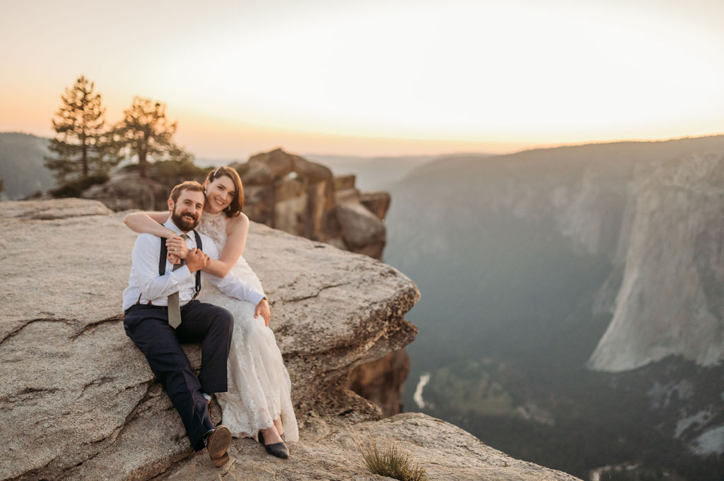 Yosemite Elopement during summer that included a hike, Mariposa Grove, trees, Glacier point for the ceremony and Taft point for the sunset.